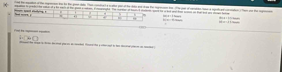 Fied the equation of the regression line for the given data. Then construct a scatter plot of the data and draw the regression line. (The pair of variables have a significant correlation ) Then use the regression
equation to predict the value of y for each of the given x -valuesent for a test and their scores on that test are shown below
(a) x=3 hours x=3.5 hours
(c) x=15hours (b)
(d) x=2.5 hours
Find the regression equation
hat y=□ dot xto □
(Round the slope to three decimal places as needed. Round the y-intercept to two decimal places as needed )