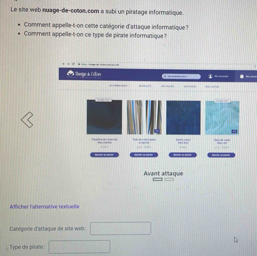 Le site web nuage-de-coton.com a subi un piratage informatique. 
Comment appelle-t-on cette catégorie d'attaque informatique? 
Comment appelle-t-on ce type de pirate informatique? 
. 
P Nuoge & Côlon Me crraçãe Mfon paria 
a 
( 1 3 A r 
Afficher l'alternative textuelle 
Catégorie d'attaque de site web: □ 
Type de pirate: □