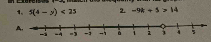 In Exercises 
1. 5(4-y)<25</tex> 2. -9k+5>14
A.