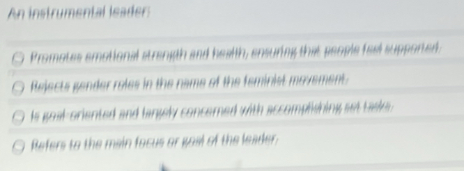 An instrumental leader:
Promotes emotional strength and health, ensuring that people feel supported,
Rejects gender roles in the name of the feminist movement
Is goal-oriented and langely concemed with accomplishing set taske .
Refers to the main facus or goal of the leader.