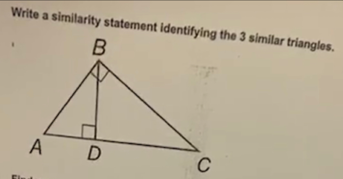 Write a similarity statement identifying the 3 similar triangles.