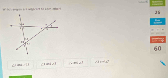 Video ⑥ i h merered
Which angles are adjacent to each other?
26
Time
elopsed
45
00 31
SmartScore
out of 100.
60
∠^2 and ∠ 11 ∠ 1 and ∠ 8 ∠ 2 and ∠^ ∠ 2 and ∠ 1