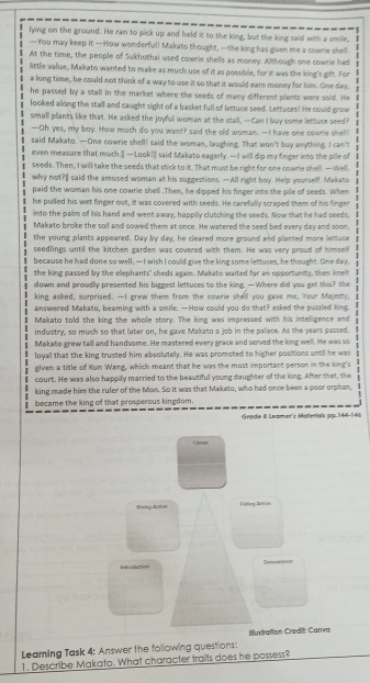 lying on the ground. He ran to pick up and held it to the king, but the king said with a smile, I
—You may keep it —How wonderful! Makato thought, —the king has given me a cownie shell.
At the time, the people of Sukhothai used cownie shells as money. Although one cownie had  1
little value, Makato wanted to make as much use of it as possible, for it was the king's gift. For
a long timse, he could not think of a way to use it so that it would ears money for him. One day.     
he passed by a stall in the market where the seeds of many different plants were sold. He I
looked along the stall and caught sight of a basket full of lettuce seed. Lettuces! He could grow
small plants like that. He asked the joyful woman at the stall, —Can I buy some lettuce seed?
—Oh yes, my boy. How much do you want? said the old woman. —I have one sowrie shell
said Makato. —One cowrie shell! said the woman, laughing. That won't buy anything. I can't
even measure that much." —Look!" said Makato eagerly. —I will dip my finger into the pile of 1
seeds. Then, I will take the seeds that stick to it. That must be right for one cowrie shell. —Well.
why not?" said the amused woman at his suggestions. —All right boy. Help yourself. Makato
paid the woman his one cowrie shell .Then, he dipped his finger into the pile of seeds. When
he pulled his wet finger out, it was covered with seeds. He carefully scraped them of his finger
into the palm of his hand and went away, happily clutching the seeds. Now that he had seeds,   
Makato broke the soil and sowed them at once. He watered the seed bed every day and soon.
the young plants appeared. Day by day, he cleared more ground and planted more lettuce
seedlings until the kitchen garden was covered with them. He was very proud of himself
because he had done so well. —I wish I could give the king some lettuces, he thought. One day
the king passed by the elephants' sheds again. Makato waited for an opportanity, then kneit
down and proudly presented his biggest lettuces to the king. —Where did you get this? the
king asked, sumprised. —I grew them from the cowrie shell you gave me, Your Majesty, |
answered Makato, beaming with a smile. —How could you do that? asked the puszled king.
Makato told the king the whole story. The king was impressed with his intelligence and |
industry, so much so that later on, he gave Makato a job in the palace. As the years passed, |
Makato grew tall and handsome. He mastered every grace and served the king well. He was so .
loyal that the king trusted him absolutely. He was promoted to higher positions until he was  
given a title of Kun Wang, which meant that he was the most important person in the king's
court. He was also happily married to the beautiful young daughter of the king. After that, the
king made him the ruler of the Mon. So it was that Makato, who had once been a poor orphan,
became the king of that prosperous kingdom.
Grade & Leamer's Materiais pp. 144-146
Clmae
Hixing Acttion F elliep Bellion
Introduction Decuntst
Illustration Credit: Carva
Leaming Task 4: Answer the following questions:
1. Describe Makato. What character traits does he possess?