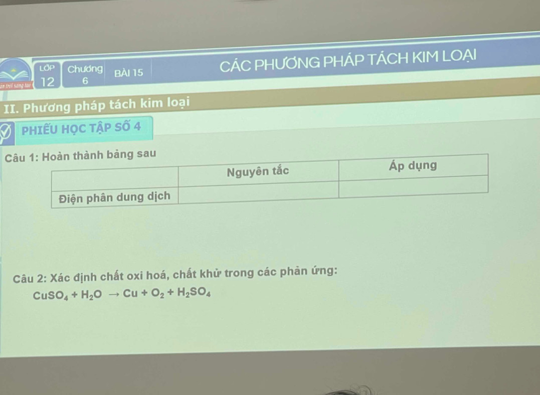 LOP Chương 
CÁC PHƯỚNG PHÁP TÁCH KIM LOẠI 
ân trời sáng tạn 12 6 BÀI 15
II. Phương pháp tách kim loại 
PHIẾU HỌC TậP Số 4

Câu 2: Xác định chất oxi hoá, chất khử trong các phản ứng:
CuSO_4+H_2Oto Cu+O_2+H_2SO_4