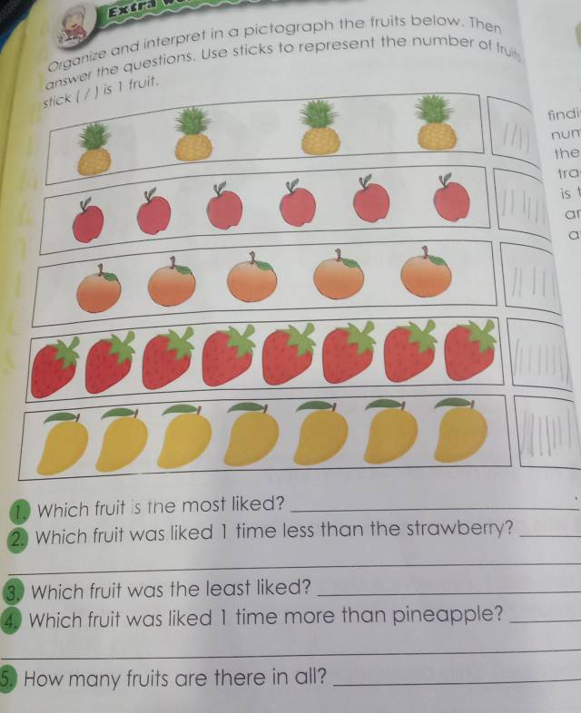 Extrd 
Organize and interpret in a pictograph the fruits below. Then 
answer the questions. Use sticks to represent the number of fru 
stick ( / ) is 1 fruit. 
findi 
nun 
the 
tra 
is 
ar 
a 
1. Which fruit is the most liked?_ 
2. Which fruit was liked 1 time less than the strawberry?_ 
_ 
3. Which fruit was the least liked?_ 
4. Which fruit was liked 1 time more than pineapple?_ 
_ 
5. How many fruits are there in all?_