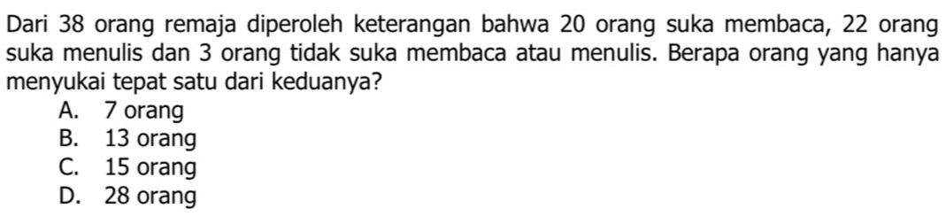 Dari 38 orang remaja diperoleh keterangan bahwa 20 orang suka membaca, 22 orang
suka menulis dan 3 orang tidak suka membaca atau menulis. Berapa orang yang hanya
menyukai tepat satu dari keduanya?
A. 7 orang
B. 13 orang
C. 15 orang
D. 28 orang