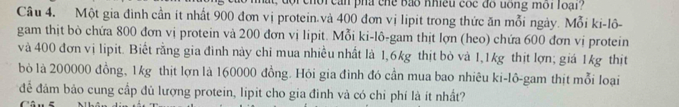 can pha che bão nhiều cóc đồ uống môi loại? 
Câu 4. Một gia đình cần ít nhất 900 đơn vị protein.và 400 đơn vị lipit trong thức ăn mỗi ngày. Mỗi ki-lô- 
gam thịt bò chứa 800 đơn vị protein và 200 đơn vị lipit. Mỗi ki-lô-gam thịt lợn (heo) chứa 600 đơn vị protein 
và 400 đơn vị lipit. Biết rằng gia đình này chỉ mua nhiều nhất là 1,6kg thịt bò và 1,1kg thịt lợn; giá 1kg thịt 
bỏ là 200000 đồng, 1kg thịt lợn là 160000 đồng. Hỏi gia đình đó cần mua bao nhiêu ki-lô-gam thịt mỗi loại 
để đảm bảo cung cấp đủ lượng protein, lipit cho gia đình và có chỉ phí là ít nhất? 
Câu 5