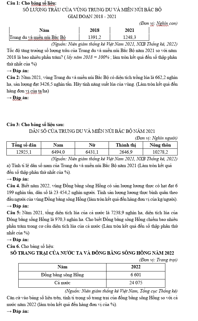 Cho bảng số liệu:
SÓ LƯƠNG TRÂU CỦA VỦNG TRUNG DU VA MIÊN NÚI BẢC Bộ
GIAI ĐOAN 2018 - 2021
con)
(Nguồn: Niên giám thống kê Việt Nam 2021, NXB Thống kê, 2022)
Tốc độ tăng trưởng số lượng trâu của Trung du và miền núi Bắc Bộ năm 2021 so với năm
2018 là bao nhiêu phần trăm? ( lấy năm 2018=100%; làm tròn kết quả đến số thập phân
thứ nhất của %)
→ Đáp án:
Câu 2: Năm 2021, vùng Trung du và miền núi Bắc Bộ có diện tích trồng lúa là 662,2 nghìn
ha, sản lượng đạt 3426,5 nghìn tấn. Hãy tính năng suất lúa của vùng. (Làm tròn kết quả đến
hàng đơn vị của ta/ha)
→ Đáp án:
Câu 3: Cho bảng số liệu sau:
DÂN SỐ CỦA TRUNG DU VÀ MIÊN NÚI BẢC Bộ NăM 2021
(Đơn vị: Nghìn người)
(Nguồn: Niên giám thống kê Việt Nam 2021, NXB Thống kê, 2022)
a) Tính tỉ lệ dân số nam của Trung du và miền núi Bắc Bộ năm 2021 (Làm tròn kết quả
đến số thập phân thứ nhất của %).
→ Đáp án:
Câu 4. Biết năm 2022, vùng Đồng bằng sông Hồng có sản lượng lương thực có hạt đạt 6
199 nghìn tần, dân số là 23 454,2 nghìn người. Tính sản lượng lương thực bình quân theo
đầu người của vùng Đồng bằng sông Hồng (làm tròn kết quả đến hàng đơn vị của kg/người).
→ Đáp án:
Câu 5: Năm 2021, tổng diện tích lúa của cả nước là 7238,9 nghìn ha, diện tích lúa của
Đông bằng sống Hồng là 970,3 nghìn ha. Cho biết Đồng bằng sông Hồng chiếm bao nhiêu
phần trăm trong cơ cầu diện tích lúa của cả nước (Làm tròn kết quả đến số thập phân thứ
nhất của %)
→ Đáp án:
Câu 6. Cho bảng số liệu:
số tranG trại của nước tA và đỒng bằng sÔng hÒng năm 2022
(Đơn vị: Trang trại)
(Nguồn: Niên giám thống kê Việt Nam, Tổng cục Thống kê)
Căn cứ vào bảng số liệu trên, tính tỉ trọng số trang trại của đồng bằng sông Hồng so với cả
nước năm 2022 (làm tròn kết quả đến hàng đơn vị của %).
→ Đáp án: