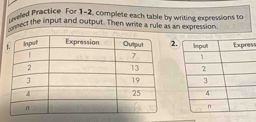 Leveled Practice For 1-2, complete each table by writing expressions to 
connect the input and output. Then write a rule as an expression. 
2.ss