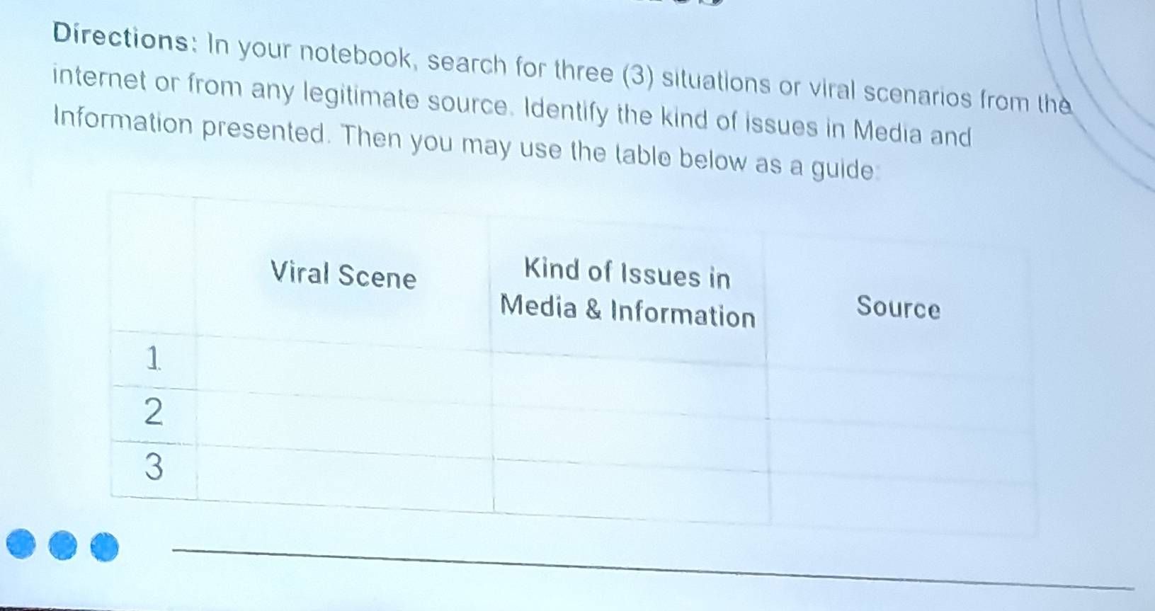 Directions: In your notebook, search for three (3) situations or viral scenarios from the 
internet or from any legitimate source. Identify the kind of issues in Media and 
Information presented. Then you may use the lable below as a guide