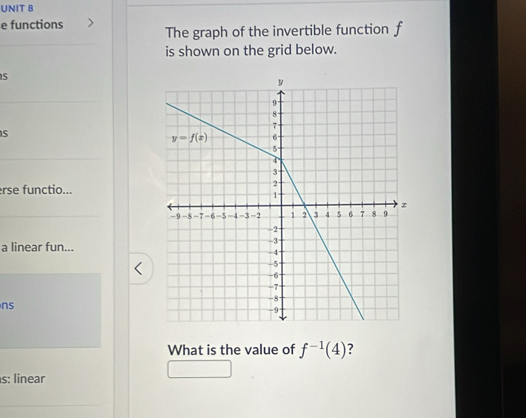 functions
The graph of the invertible function f
is shown on the grid below.
s
s
erse functio...
a linear fun...
a
ns
What is the value of f^(-1)(4) ?
s: linear