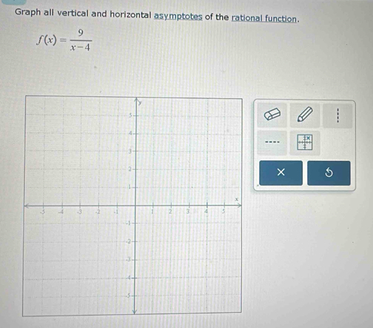 Graph all vertical and horizontal asymptotes of the rational function.
f(x)= 9/x-4 
---- 
×