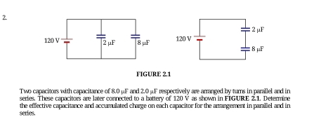 FIGURE 2.1
Two capacitors with capacitance of 8.0 μF and 2.0 μF respectively are arranged by turns in parallel and in
series. These capacitors are later connected to a battery of 120 V as shown in FIGURE 2.1. Determine
the effective capacitance and accumulated charge on each capacitor for the arrangement in parallel and in
series,