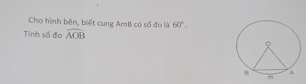 Cho hình bên, biết cung AmB có số đo là 60°. 
Tính số đo widehat AOB