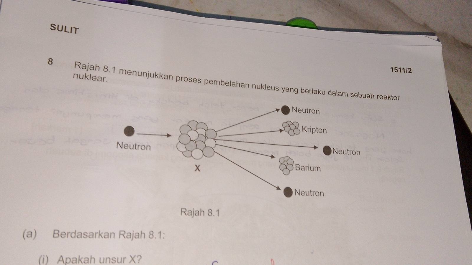 SULIT 
1511/2 
nuklear. 
8 Rajah 8.1 menunjukkan proses pembelahan nukleus yang berlaku dalam sebuah reaktor 
Rajah 8.1 
(a) Berdasarkan Rajah 8.1: 
(i) Apakah unsur X?