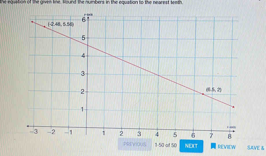 the equation of the given line. Round the numbers in the equation to the nearest tenth.
PREVIOUS 1-50 of 50 NEXT REVIEW SAVE &