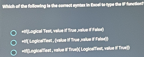 تم الحل:Which of the following is the correct syntax in Excel to type ...