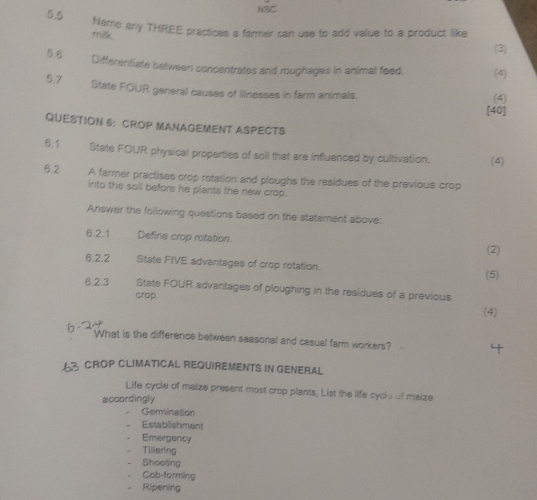 NSC
5.5 Name any THREE practices a farmer can use to add value to a product like
milk.
(3)
5.g Differentiate between concentrates and roughages in animal feed. (4)
5.7 State FOUR general causes of Illnesses in farm animals. (4)
[40]
QUESTION 6: CROP MANAGEMENT ASPECTS
6.1 State FOUR physical properties of soll that are influenced by cultivation. (4)
6.2 A farmer practises crop rotation and ploughs the residues of the previous crop
into the soll before he plants the new crop.
Answer the following questions based on the statement above:
6.2.1 Define crop rotation.
(2)
6.2.2 State FIVE advantages of crop rotation.
(5)
6.2.3 State FOUR advantages of ploughing in the residues of a previous
crop.
(4)
What is the difference between seasonal and casual farm workers? 
63 CROP CLIMATICAL REQUIREMENTS IN GENERAL
Life cycle of maize present most crop plants, List the life cycieol maize
accordingly
Germination
Establishment
Emergency
Tillering
Shooting
Cob-forming
。 Ripening