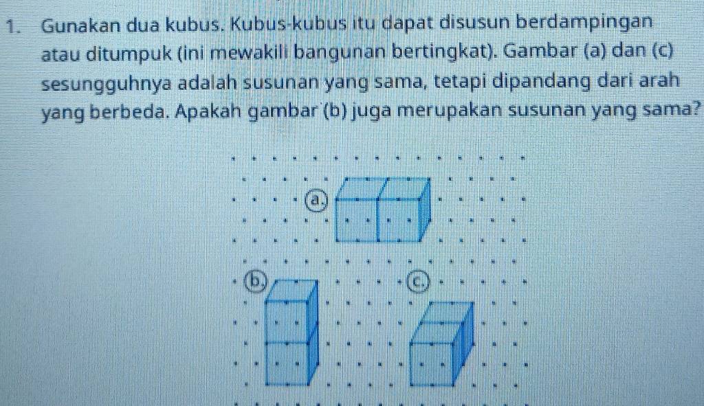 Gunakan dua kubus. Kubus-kubus itu dapat disusun berdampingan 
atau ditumpuk (ini mewakili bangunan bertingkat). Gambar (a) dan (c) 
sesungguhnya adalah susunan yang sama, tetapi dipandang dari arah 
yang berbeda. Apakah gambar (b) juga merupakan susunan yang sama? 
a 
* c