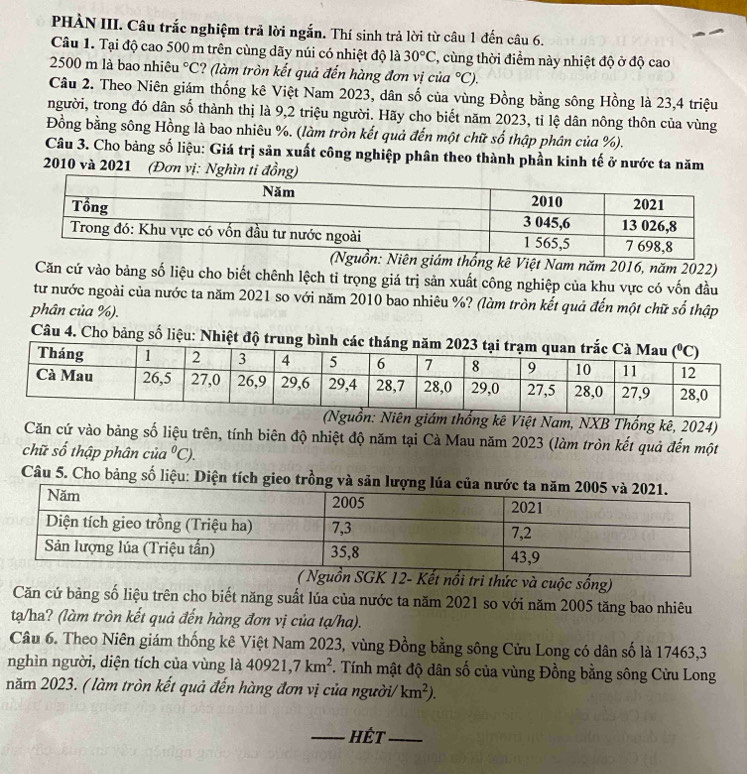 PHÀN III. Câu trắc nghiệm trả lời ngắn. Thí sinh trả lời từ câu 1 đến câu 6.
Câu 1. Tại độ cao 500 m trên cùng dãy núi có nhiệt độ là 30°C 2, cùng thời điểm này nhiệt độ ở độ cao
2500 m là bao nhiêu°C ? (làm tròn kết quả đến hàng đơn vị của°C).
Câu 2. Theo Niên giám thống kê Việt Nam 2023, dân số của vùng Đồng bằng sông Hồng là 23,4 triệu
người, trong đó dân số thành thị là 9,2 triệu người. Hãy cho biết năm 2023, tỉ lệ dân nông thôn của vùng
Đồng bằng sông Hồng là bao nhiêu %. (làm tròn kết quả đến một chữ số thập phân của %).
Câu 3. Cho bảng số liệu: Giá trị sản xuất công nghiệp phân theo thành phần kinh tế ở nước ta năm
2010 và 2021 (Đơn vị: Nghìn t
Niên giám thống kê Việt Nam năm 2016, năm 2022)
Căn cứ vào bảng số liệu cho biết chênh lệch tỉ trọng giá trị sản xuất công nghiệp của khu vực có vốn đầu
tư nước ngoài của nước ta năm 2021 so với năm 2010 bao nhiêu %? (làm tròn kết quả đến một chữ số thập
phân của %).
Câu 4. Cho bảng số liệu: Nhiệt độ tru
giám thống kê Việt Nam, NXB Thống kê, 2024)
Căn cứ vào bảng số liệu trên, tính biên độ nhiệt độ năm tại Cà Mau năm 2023 (làm tròn kết quả đến một
chữ số thập phân của°C).
Câu 5. Cho bảng số liệu: Diện tích gieo trồng v
( Nguồn SGK 12- Kết nổi tri thức và cuộc sống)
Căn cứ bảng số liệu trên cho biết năng suất lúa của nước ta năm 2021 so với năm 2005 tăng bao nhiêu
tạ/ha? (làm tròn kết quả đến hàng đơn vị của tạ/ha).
Câu 6. Theo Niên giám thống kê Việt Nam 2023, vùng Đồng bằng sông Cửu Long có dân số là 17463,3
nghìn người, diện tích của vùng là 40921,7km^2. Tính mật độ dân số của vùng Đồng bằng sông Cửu Long
năm 2023. ( làm tròn kết quả đến hàng đơn vị của người/ km^2).
_Hết_