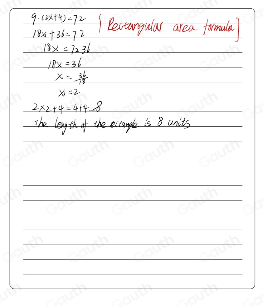 Solved: A rectangle has an area of 72 square units. The width of the ...