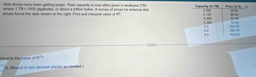 Disk drives have been getting larger. Their capacity is now often given in terabytes (TB) 
where 1TB=1000 gigabytes, or about a trillion bytes. A survey of prices for external disk 
drives found the data shown to the right. Find and interpret value of R^2. 
What is the value of R^2 ?
% (Round to two decimal places as needed.)