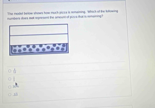 The model below shows how much pizza is remaining. Which of the following
numbers does not represent the amount of pizza that is remaining?
 4/12 
 1/3 
30%
.33