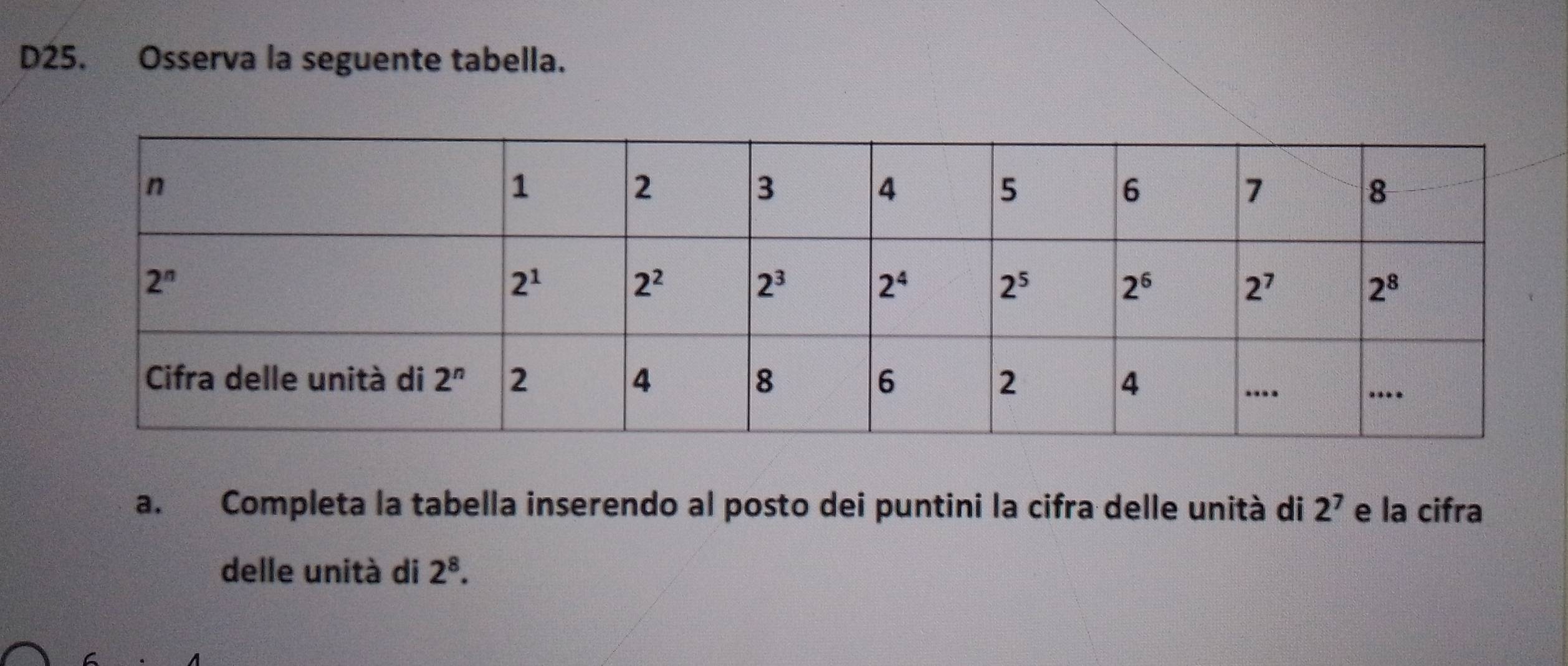 D25. Osserva la seguente tabella.
a. Completa la tabella inserendo al posto dei puntini la cifra delle unità di 2^7 e la cifra
delle unità di 2^8.
6