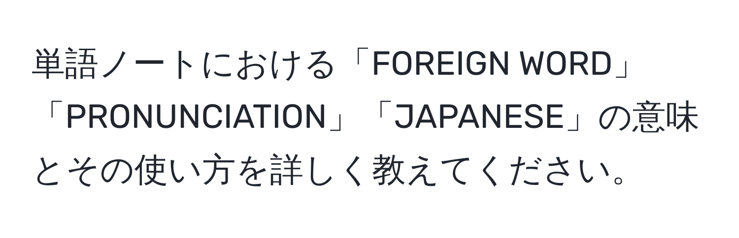 単語ノートにおける「FOREIGN WORD」「PRONUNCIATION」「JAPANESE」の意味とその使い方を詳しく教えてください。