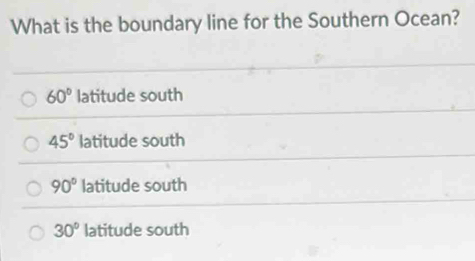 What is the boundary line for the Southern Ocean?
60° latitude south
45° latitude south
90° latitude south
30° latitude south