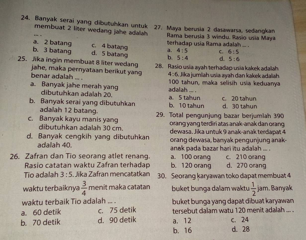 Banyak serai yang dibutuhkan untuk 27. Maya berusia 2 dasawarsa, sedangkan
membuat 2 liter wedang jahe adalah Rama berusia 3 windu. Rasio usia Maya
.. .
terhadap usia Rama adalah ... .
a. 2 batang c. 4 batang a. 4:5
b. 3 batang d. 5 batang
C. 6:5
b. 5:4 d. 5:6
25. Jika ingin membuat 8 liter wedang 28. Rasio usia ayah terhadap usia kakek adalah
jahe, maka pernyataan berikut yang 4:6. Jika jumlah usia ayah dan kakek adalah
benar adalah ... .
100 tahun, maka selisih usia keduanya
a. Banyak jahe merah yang adalah ... .
dibutuhkan adalah 20.
a. 5 tahun c. 20 tahun
b. Banyak serai yang dibutuhkan b. 10 tahun d. 30 tahun
adalah 12 batang.
29. Total pengunjung bazar berjumlah 390
c. Banyak kayu manis yang
orang yang terdiri atas anak-anak dan orang
dibutuhkan adalah 30 cm.
dewasa. Jika untuk 9 anak-anak terdapat 4
d. Banyak cengkih yang dibutuhkan orang dewasa, banyak pengunjung anak-
adalah 40.
anak pada bazar hari itu adalah ... .
26. Zafran dan Tio seorang atlet renang. a. 100 orang c. 210 orang
Rasio catatan waktu Zafran terhadap b. 120 orang d. 270 orang
Tio adalah 3:5. Jika Zafran mencatatkan 30. Seorang karyawan toko dapat membuat 4
waktu terbaiknya  3/4  menit maka catatan buket bunga dalam waktu  1/2  jam. Banyak
waktu terbaik Tio adalah ... . buket bunga yang dapat dibuat karyawan
a. 60 detik c. 75 detik tersebut dalam watu 120 menit adalah ... .
b. 70 detik d. 90 detik a. 12 c. 24
b. 16 d. 28