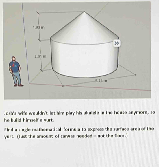 Josh's wife wouldn’t let him play his ukulele in the house anymore, so 
he build himself a yurt. 
Find a single mathematical formula to express the surface area of the 
yurt. (Just the amount of canvas needed — not the floor.)