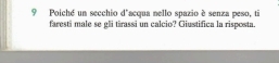 Poiché un secchio d'acqua nello spazio è senza peso, ti 
faresti male se gli tirassi un calcio? Giustifica la risposta.