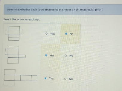 Determine whether each figure represents the net of a right rectangular prism.
Select Yes or No for each net.
Yes No
Yes No
Yes No