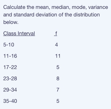 Calculate the mean, median, mode, variance
and standard deviation of the distribution
below.
5
1
2
2
3