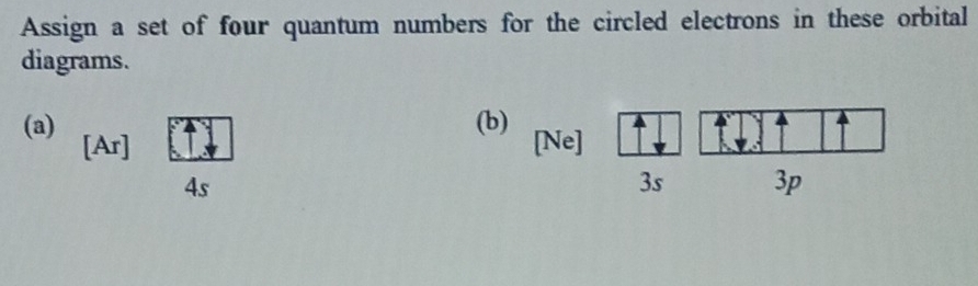 Assign a set of four quantum numbers for the circled electrons in these orbital 
diagrams. 
(b) 
(a) [Ar] [Ne]
4s
3s