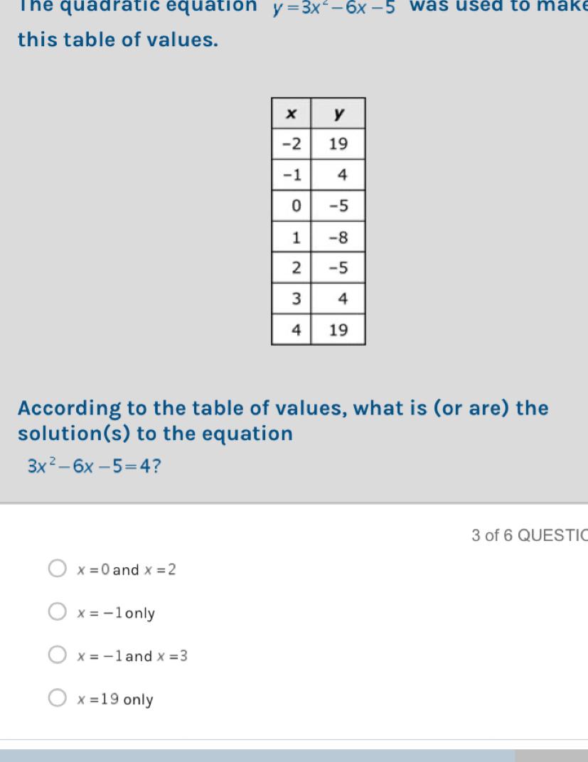 The quadratic equation y=3x^2-6x-5 was used to mak
this table of values.
According to the table of values, what is (or are) the
solution(s) to the equation
3x^2-6x-5=4 ?
3 of 6 QUESTIC
x=0 and x=2
x=-1 only
x=-1 and x=3
x=19 only