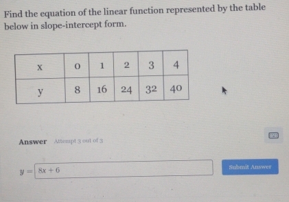 Find the equation of the linear function represented by the table
below in slope-intercept form.
Answer  Attempt 3 out of 3
y=|8x+6
Submit Answer