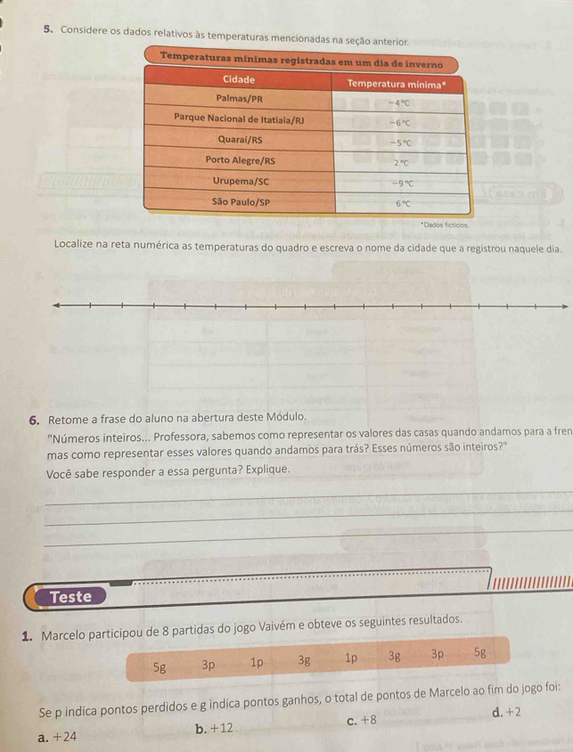 Considere os dados relativos às temperaturas mencionadas na seção anterior.
Dados fictícios
Localize na reta numérica as temperaturas do quadro e escreva o nome da cidade que a registrou naquele dia.
6. Retome a frase do aluno na abertura deste Módulo.
'Números inteiros... Professora, sabemos como representar os valores das casas quando andamos para a fren
mas como representar esses valores quando andamos para trás? Esses números são inteiros?''
Você sabe responder a essa pergunta? Explique.
_
_
_
Teste
1. Marcelo participou de 8 partidas do jogo Vaivém e obteve os seguintes resultados.
5g 3p 1p 3g 1p 3g 3p 5g
Se p indica pontos perdidos e g indica pontos ganhos, o total de pontos de Marcelo ao fim do jogo foi:
d. +2
a. +24 b. +12 c.+8
