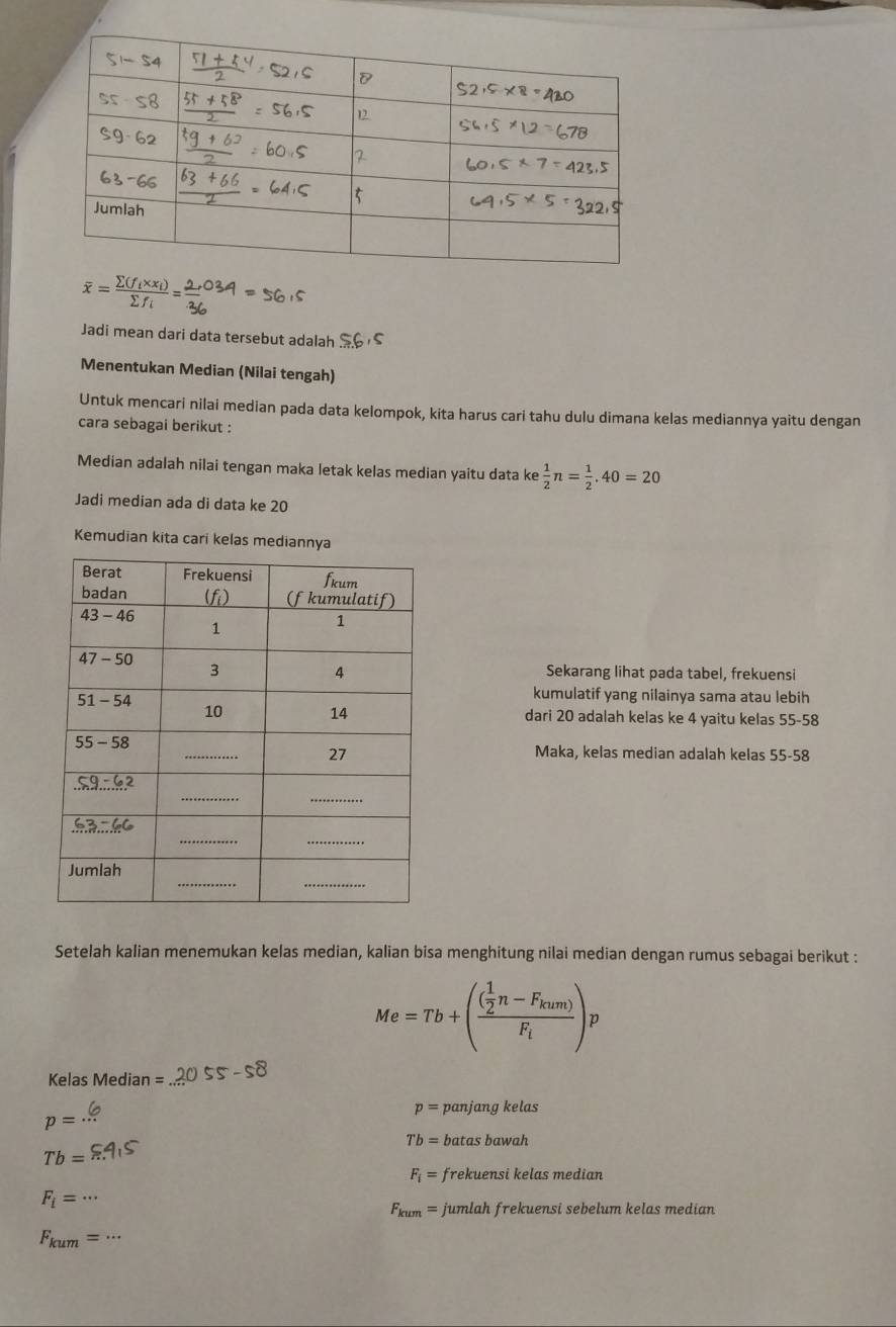 overline x=frac sumlimits (f_i* x_i)sumlimits f_i= 2/2 
Jadi mean dari data tersebut adalah
Menentukan Median (Nilai tengah)
Untuk mencari nilai median pada data kelompok, kita harus cari tahu dulu dimana kelas mediannya yaitu dengan
cara sebagai berikut :
Median adalah nilai tengan maka letak kelas median yaitu data ke  1/2 n= 1/2 , 40=20
Jadi median ada di data ke 20
Kemudian kita cari kelas mediannya
Sekarang lihat pada tabel, frekuensi
kumulatif yang nilainya sama atau lebih
dari 20 adalah kelas ke 4 yaitu kelas 55-58
Maka, kelas median adalah kelas 55-58
Setelah kalian menemukan kelas median, kalian bisa menghitung nilai median dengan rumus sebagai berikut :
Me=Tb+(frac ( 1/2 n-F_kum)F_i) p
Kelas Median
p= panjang kelas
p=
Tb= batas bawah
Tb=
F_i= frekuensi kelas median
F_i=
F_kum= jumlah frekuensi sebelum kelas median
F_kum=