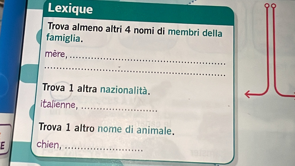 Lexique 
Trova almeno altri 4 nomi di membri della 
famiglia. 
mère,_ 
_ 
Trova 1 altra nazionalità. 
italienne, ._ 
Trova 1 altro nome di animale. 
E chien,_