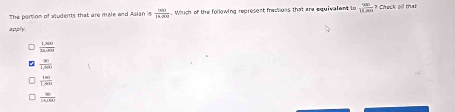 The portion of students that are male and Asian is  900/18,000 . Which of the following represent fractions that are equivalent to  900/18,000  ? Check all that
apply.
 (1,800)/36,000 
 90/1,800 
 180/1,800 
 90/18,000 