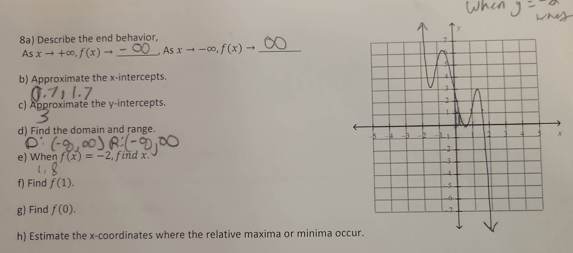 8a) Describe the end behavior,
Asxto +∈fty , f(x)to _, As xto -∈fty , f(x)to _ 
b) Approximate the x-intercepts. 
c) Approximate the y-intercepts. 
d) Find the domain and range. 
e) When f(x)=-2 , find x. 
f) Find f(1). 
g) Find f(0). 
h) Estimate the x-coordinates where the relative maxima or minima o