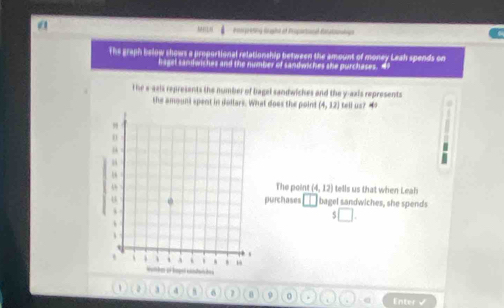 a enopeing Gught ot Proportocal Balatowsliga 
MBLM 
The graph below shows a proportional relationship between the amount of money Leah spends on 
hagel sanilwiches and the number of sandwiches she purchases. 
T he a-azls represents the number of bagel sandwiches and the y -aals represents 
the amount spent in dollars. What does the point (4,12) tell us? 40. 
The point (4,12) tells us that when Leah 
purchases __ bagel sandwiches, she spends 
□
4 8 6 0 9 0. Enter √