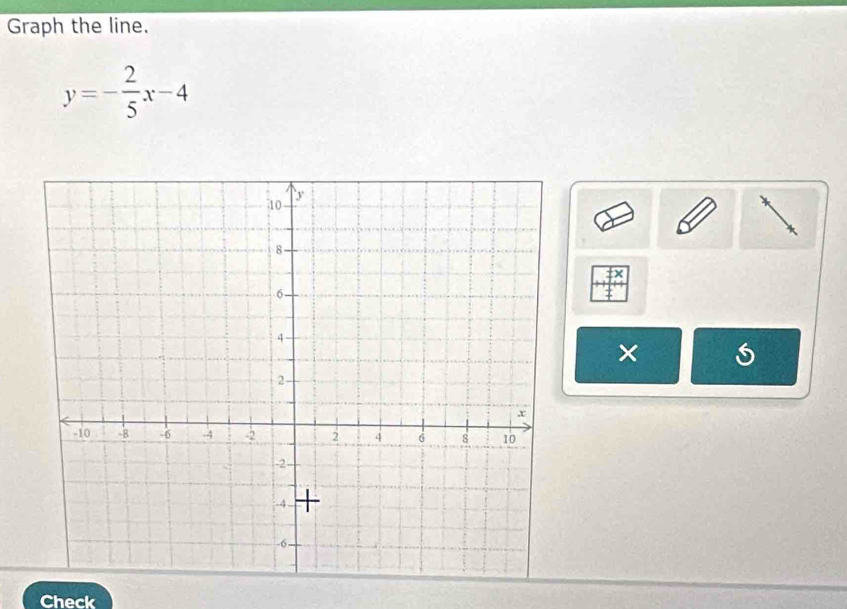 Graph the line.
y=- 2/5 x-4
× 
Check