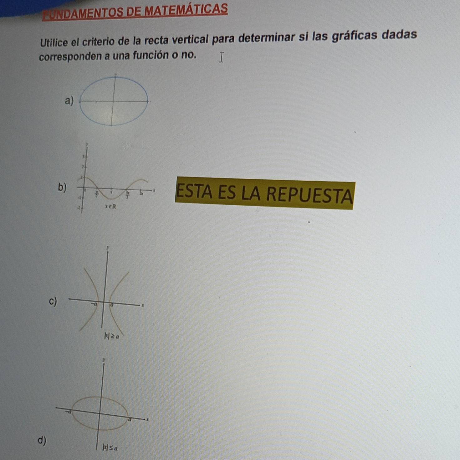 Fundamentos DE MAtEMÁticAs
Utilice el criterio de la recta vertical para determinar si las gráficas dadas
corresponden a una función o no.
a)
bESTA ES LA REPUESTA
c)
d