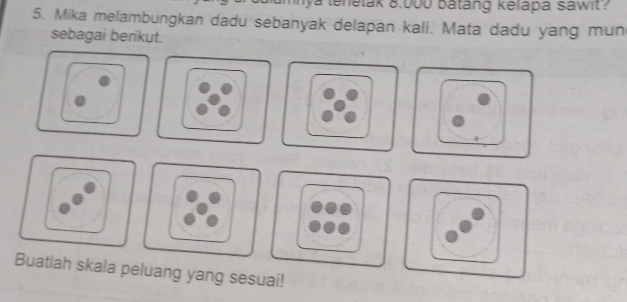 mnya lenetak 8.000 batang kelapa sawit ? 
5. Mika melambungkan dadu sebanyak delapan kali. Mata dadu yang mun 
sebagai berikut. 
Buatlah skala peluang yang sesuai!