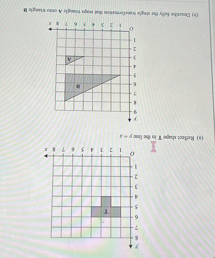 Reflect shape T in the line y=x
(b) Describe fully the single transformation that maps triangle A onto triangle B