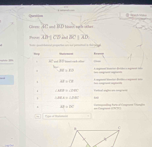 a 
6 deltamath.com 
Question © Watch Video 
Given: overline AC and overline BD bisect each other. 
Prove: overline AB-||overline CD and overline BCbeginvmatrix endvmatrix overline AD>
d Note: quadrilateral properties are not permitted in this proof 
Step Statement Reason 
mplete: 20% 1 overline AC and overline BD bisect each other Given 
A segment bisector divides a segment into 
2 overline BE≌ overline ED two congruent segments 
teral A segment bisector divides a segment into 
3 overline AE≌ overline CE two congruent segments 
4 ∠ AEB≌ ∠ DEC Vertical angles are congruent 
5 △ BEA≌ △ DEC SAS 
Corresponding Parts of Congruent Triangles 
6 overline AB≌ overline DC are Congruent (CPCTC) 
try Type of Statement 
Log Out