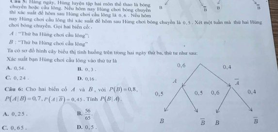 Cầu S: Hàng ngày, Hùng luyện tập hai mộn thể thao là bóng
chuyên hoặc cầu lông. Nếu hôm nay Hùng chơi bóng chuyền B overline B B overline B
thi xác suất để hôm sau Hùng chơi cầu lông là 0,6 . Nếu hôm
nay Hùng chơi cầu lông thi xác suất để hôm sau Hùng chơi bóng chuyền là 0, 5 . Xét một tuần mà thứ hai Hùng
chơi bóng chuyền. Gọi hai biển cố: .
A : “Thứ ba Hùng chơi cầu lông”';
B : “Thứ ba Hùng chơi cầu lông”
Ta có sơ đồ hình cây biểu thị tình huống trên trong hai ngày thứ ba, thứ tư như sau:
Xác suất bạn Hùng chơi cầu lông vào thứ tư là
A. 0, 54 . B. 0 , 3 .
C. 0, 24 . D. 0,16 .
Cầu 6: Cho hai biển cổ A và B, với P(B)=0,8,
P(A|B)=0,7,P(A|overline B)=0,45. Tính P(B|A).
A. 0, 2 5 . B.  56/65 .
C. 0, 6 5 . D. 0,5 .